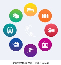 Modern, simple vector icon set on colorful circle backgrounds with baggage, service, sale, sign, leisure, telephone, tag, fence, camera, phone, mobile, gift, internet, photographer, luggage, tv icons