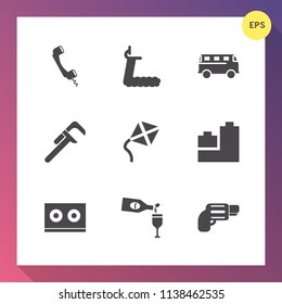 Modern, simple vector icon set on gradient background with wine, speed, transport, alcohol, toy, urban, firearm, sport, health, ball, internet, fitness, gym, handgun, travel, leisure, street icons