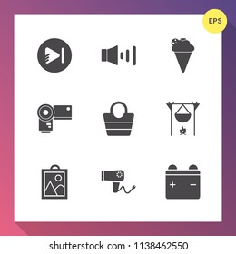 Modern, simple vector icon set on gradient background with leather, white, sweet, web, vanilla, hair, care, technology, full, media, strawberry, summer, hot, style, battery, fireplace, food, bag icons