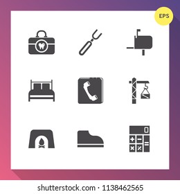 Modern, simple vector icon set on gradient background with bedroom, message, fireplace, dental, calculator, saw, toothpaste, fork, business, knife, post, construction, meal, tooth, box, food icons