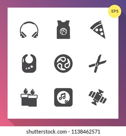 Modern, simple vector icon set on gradient background with toy, headphone, infant, pruning, modern, clothing, garden, team, orbit, space, sound, fire, restaurant, music, listen, decoration, work icons