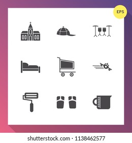 Modern, simple vector icon set on gradient background with container, summer, travel, roll, liquid, headwear, bed, drum, furniture, christian, footwear, object, architecture, catholic, building icons