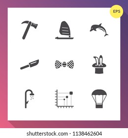 Modern, simple vector icon set on gradient background with wind, fashion, sea, ocean, air, hot, balloon, bathroom, hygiene, wildlife, board, data, fork, shower, restaurant, work, nature, diagram icons
