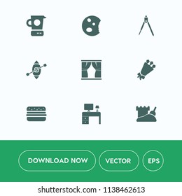 Modern, simple vector icon set on white background with divider, desk, hamburger, dessert, bakery, geometry, boat, pan, cake, sweet, floral, kitchen, blossom, mixer, food, chocolate, tool, tower icons