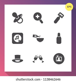 Modern, simple vector icon set on gradient background with magnifying, alcohol, cooking, dinner, childhood, screen, zoom, view, drink, note, peeler, red, potato, web, music, peel, infant, search icons