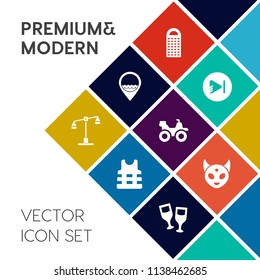 Modern, simple vector icon set on colorful flat background with play, ufo, dirt, person, kitchen, music, space, glass, road, alien, work, justice, life, grate, media, cheese, drink, law, white icons