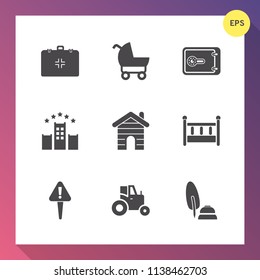 Modern, simple vector icon set on gradient background with finance, tractor, pen, aid, perambulator, stroller, agricultural, real, estate, medical, sign, pram, business, money, farm, medicine icons