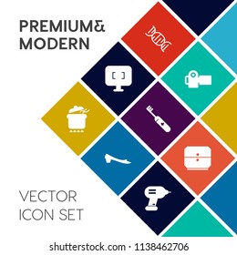 Modern, simple vector icon set on colorful flat background with picture, healthy, business, silhouette, dinner, sign, health, drill, digital, computer, care, photography, lunch, equipment, dish icons