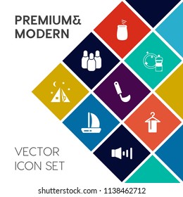 Modern, simple vector icon set on colorful flat background with ship, mop, cone, sailboat, bucket, soup, sound, leisure, housework, travel, boat, concert, musical, clean, nature, tent, wind, sea icons
