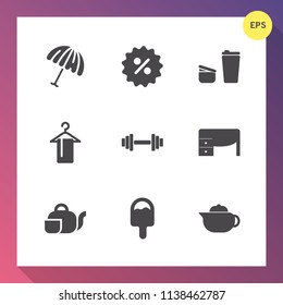 Modern, simple vector icon set on gradient background with rain, drink, hanger, sign, business, tag, icecream, cafe, white, fashion, price, mug, hang, parasol, gym, fitness, percent, table, sale icons