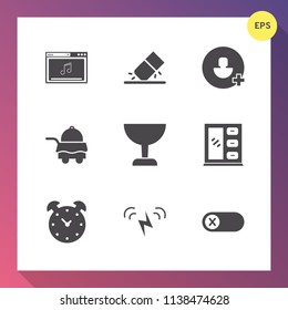 Modern, simple vector icon set on gradient background with off, add, eraser, media, room, social, sign, furniture, alarm, office, energy, drawing, turn, time, erasing, bed, music, cabinet, hour icons