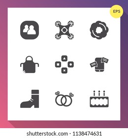 Modern, simple vector icon set on gradient background with vehicle, business, apron, engagement, boot, people, phone, mobile, pinafore, doughnut, cook, diamond, food, technology, game, wireless icons