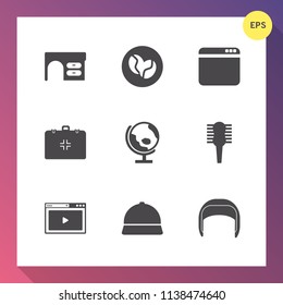 Modern, simple vector icon set on gradient background with beauty, browser, worker, sphere, drink, food, notebook, work, globe, map, office, network, computer, emergency, coffee, planet, media icons