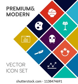 Modern, simple vector icon set on colorful flat background with stats, doughnut, agriculture, rattle, ufo, space, chart, analytics, cake, seed, white, cutlery, musical, asian, restaurant, rice icons