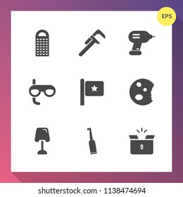 Modern, simple vector icon set on gradient background with electric, nation, construction, doughnut, flag, lamp, cheese, food, repair, industrial, renovation, scuba, grater, reparation, box icons