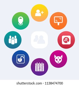 Modern, simple vector icon set on colorful circle backgrounds with music, map, schedule, space, timetable, team, internet, marker, day, time, security, open, protection, sound, sport, pointer icons