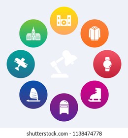Modern, simple vector icon set on colorful circle backgrounds with sea, envelope, gadget, chapel, building, religion, audio, surf, tv, wind, lamp, cinema, technology, light, furniture, winter icons
