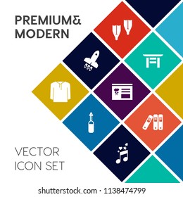 Modern, simple vector icon set on colorful flat background with note, sport, fashion, summer, science, japanese, shinto, spaceship, musical, sea, religion, vacation, jacket, sound, torii, object icons