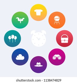 Modern, simple vector icon set on colorful circle backgrounds with barbecue, fashion, horse, child, cowboy, shirt, happy, cooking, food, equipment, young, clothing, kid, time, texas, clock, cute icons