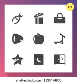 Modern, simple vector icon set on gradient background with dental, vehicle, bow, ribbon, medicine, medical, sport, drill, musical, internet, bag, decoration, star, music, celebration, white, box icons