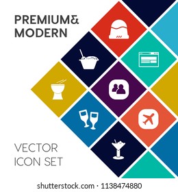 Modern, simple vector icon set on colorful flat background with clothing, eat, travel, cap, red, bottle, chinese, winery, team, wine, musical, dinner, glass, beverage, object, website, baseball icons