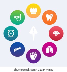 Modern, simple vector icon set on colorful circle backgrounds with travel, concept, clock, time, tent, white, hazard, water, construction, queen, people, royal, human, sport, luxury, watch, work icons