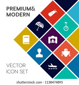 Modern, simple vector icon set on colorful flat background with parasol, chemical, fireplace, umbrella, warm, library, bicycle, protection, science, future, home, atom, technology, plane, open icons