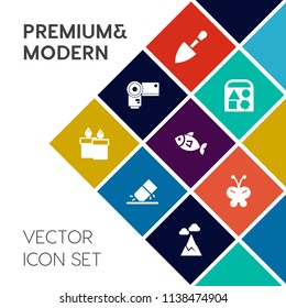 Modern, simple vector icon set on colorful flat background with play, drill, candle, white, child, blue, ball, education, equipment, shovel, duck, teddy, tool, school, picture, flame, car, fish icons