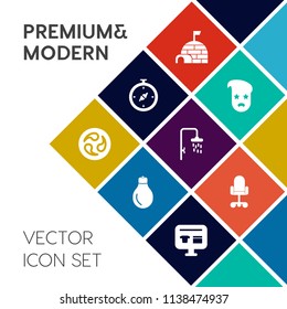 Modern, simple vector icon set on colorful flat background with east, business, art, cart, electric, shower, mon, cold, navigation, electricity, fashion, vintage, compass, shelter, bulb, map icons