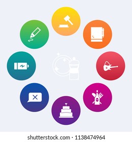 Modern, simple vector icon set on colorful circle backgrounds with lawyer, housework, guitar, court, page, cleaner, judge, chat, white, full, hammer, electricity, closed, music, glass, food, law icons