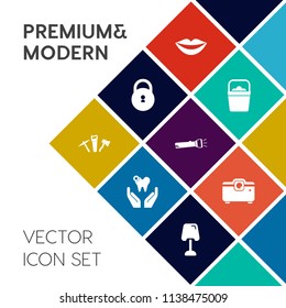 Modern, simple vector icon set on colorful flat background with hammer, lips, sign, dental, projector, dentistry, web, lock, key, safety, plastic, woman, teeth, water, protection, video, object icons