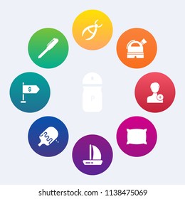 Modern, simple vector icon set on colorful circle backgrounds with spice, add, dessert, medicine, account, ship, wind, location, dental, seasoning, clinic, dentist, money, drill, pen, school icons
