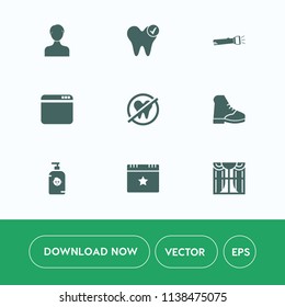 Modern, simple vector icon set on white background with dental, black, light, soap, wear, browser, energy, beautiful, tool, child, mouth, celebration, star, dentistry, boot, user, event, curtain icons