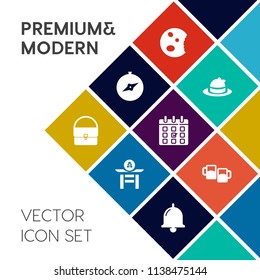 Modern, simple vector icon set on colorful flat background with alarm, doughnut, sport, beer, drum, north, drink, cupcake, taiko, style, alcohol, chocolate, pub, call, cake, bell, bar, culture icons