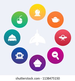 Modern, simple vector icon set on colorful circle backgrounds with equipment, clothing, computer, spaceship, object, style, electric, headwear, fantasy, communication, fashion, teapot, helmet icons