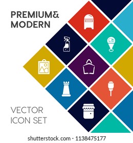 Modern, simple vector icon set on colorful flat background with , envelope, map, bag, maid, pin, light, city, bottle, jar, picture, pointer, box, pawn, lamp, king, location, knight, sign, spray icons