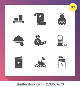 Modern, simple vector icon set on gradient background with sail, document, fly, nautical, dragonfly, candy, business, dessert, waitress, bug, communication, chocolate, luggage, baggage, bar, bag icons