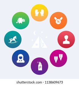 Modern, simple vector icon set on colorful circle backgrounds with face, food, travel, child, underwater, young, italian, price, woman, adventure, tent, nature, percent, hand, pasta, glove, lady icons