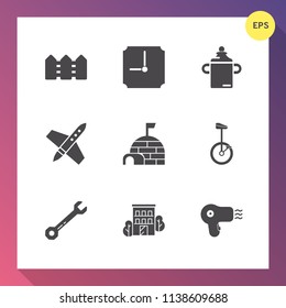 Modern, simple vector icon set on gradient background with kid, timer, fence, building, rocket, equipment, galaxy, technology, plastic, ice, dryer, wrench, spaceship, craft, healthy, bottle icons