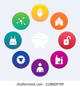 Modern, simple vector icon set on colorful circle backgrounds with atom, egg, holiday, science, chef, molecule, pinafore, fashion, food, restaurant, cooking, alcohol, festival, colorful, shirt icons