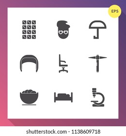 Modern, simple vector icon set on gradient background with vintage, fashion, biology, research, food, bedroom, furniture, retro, snack, candy, hipster, style, worker, microscope, science, home icons