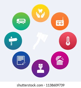 Modern, simple vector icon set on colorful circle backgrounds with street, radio, speed, dental, medical, traffic, food, white, transportation, restaurant, document, vehicle, transport, edit icons