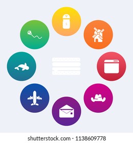 Modern, simple vector icon set on colorful circle backgrounds with mail, sky, dinner, headwear, sea, fast, browser, fashion, power, electricity, web, burger, fish, internet, cap, travel, snack icons