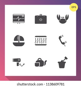 Modern, simple vector icon set on gradient background with ship, transportation, medical, telephone, gourmet, crab, drink, child, hair, beverage, restaurant, delicious, hairdryer, heartbeat, sea icons