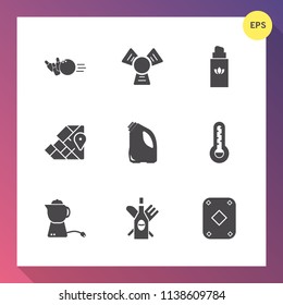Modern, simple vector icon set on gradient background with hot, fashion, competition, atlas, alcohol, map, world, luxury, water, play, ball, tea, pin, glass, breakfast, female, recreation, can icons