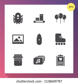 Modern, simple vector icon set on gradient background with dentistry, clinic, picture, honey, fun, leisure, glass, party, dental, music, character, jam, space, skate, background, birthday, ufo icons