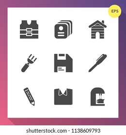 Modern, simple vector icon set on gradient background with house, caffeine, building, dinner, architecture, protective, diskette, estate, office, business, city, coffee, uniform, fashion, shirt icons