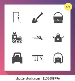 Modern, simple vector icon set on gradient background with restaurant, hospital, tool, medical, locomotive, transportation, departure, female, pendulum, doctor, trip, toy, vehicle, drill, car icons