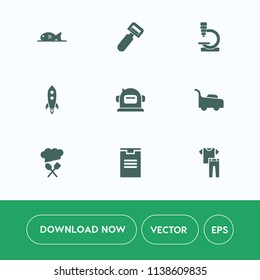 Modern, simple vector icon set on white background with biology, microscope, kitchen, fashion, package, research, meat, collection, coffee, helmet, technology, chief, delivery, rocket, peel, box icons