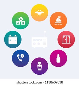 Modern, simple vector icon set on colorful circle backgrounds with abc, room, radio, full, extreme, surfing, music, modern, glass, xray, web, scan, machine, wind, alien, ufo, sign, media, home icons